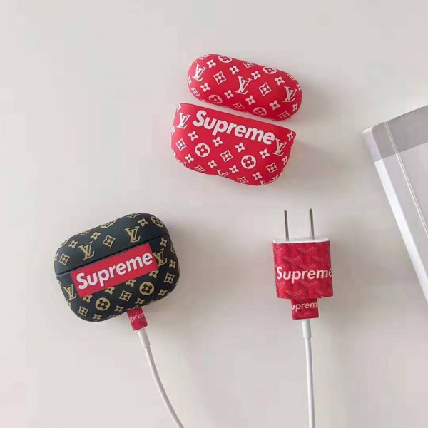 SUPREME LV ブランド Airpods 3/proケース バック型 コラボケース 紛失防止 ルイヴィトン シリコン製 ロゴ Airpods 1/2/3世代ケース シュプリーム 保護性 モノグラム 潮流 エアーポッズ3/プロ収納ケース 軽量 携帯便利 お洒落 メンズ レディーズ 