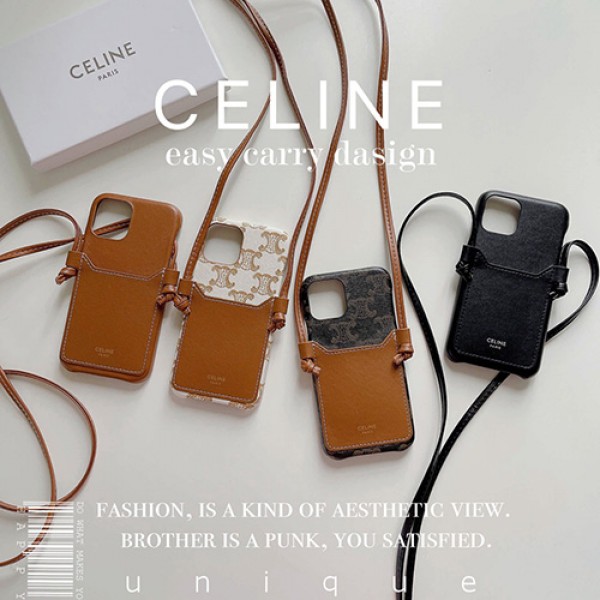 CELINE ブランド iphone 14/14 pro/14 pro max/13 miniカバー セリーヌ カード入れ レザー チェーン付き ジャケット型 女性愛用 アイフォン13/12/11/x/x/8/7カバー レディース