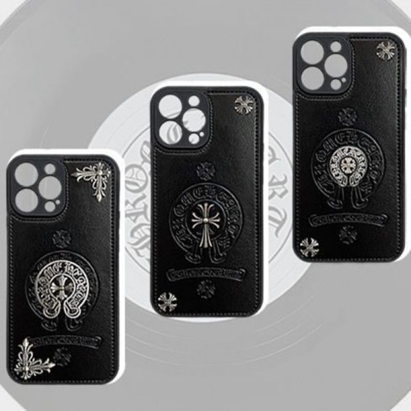 Chrome Hearts ブランド iphone 14/14 pro/14 pro max/14 plusケース クロムハーツ モノグラム 十字柄 経典風 レザー製 激安 アイフォン14/13/12/11/x/xs/xs max/xr/8  plus/7 plusカバー 黒色 ジャケット型 メンズ レディーズ