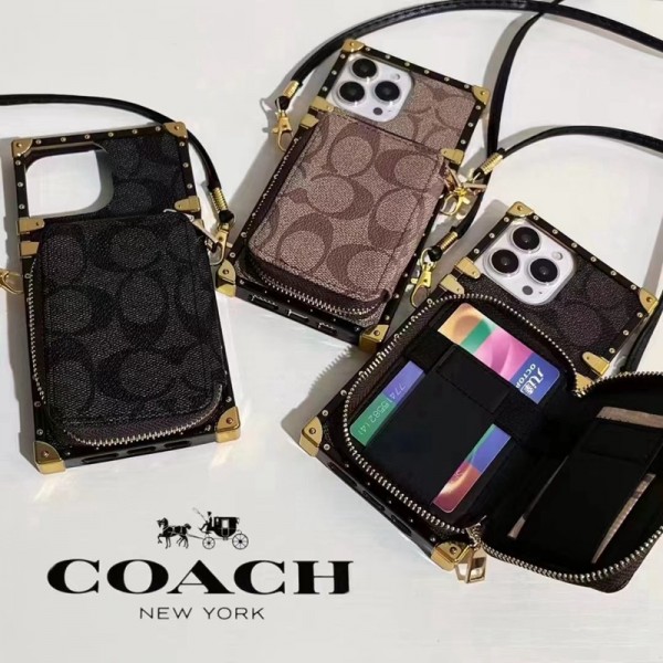 Coach ブランド iphone13/13pro/13pro maxケース インスタ風 財布バッグ コーチストラップ付 トランク型 レザー製  アイフォン13/12/11カバー ファッション メンズ レディース