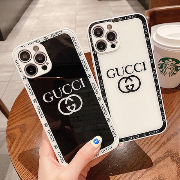 GUCCI ブランド iPhone 13 mini/13 pro/13 pro maxケース 韓国風 鏡面ガラス型 グッチ ジャケット型 黒白色 アイフォン13/12/11/x/xr/xs/8/7カバー モノグラム 耐衝撃 ファッション メンズ レディース