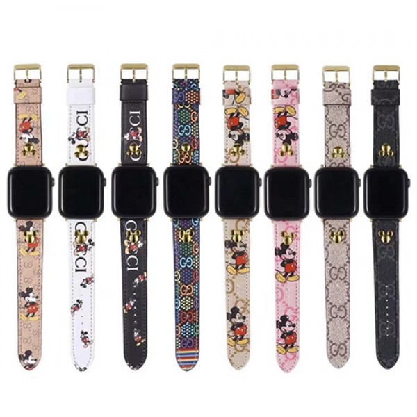 GUCCI ブランド Apple Watch 8/SE2/Ultra/7/6バンド オシャレ グッチ&ディズニー アップルウォッチ 8/7/6/5/4/3/SE2ベルト ミッキーマウス モノグラム カラー レザー製 腕時計 ストラップ メンズ レディーズ