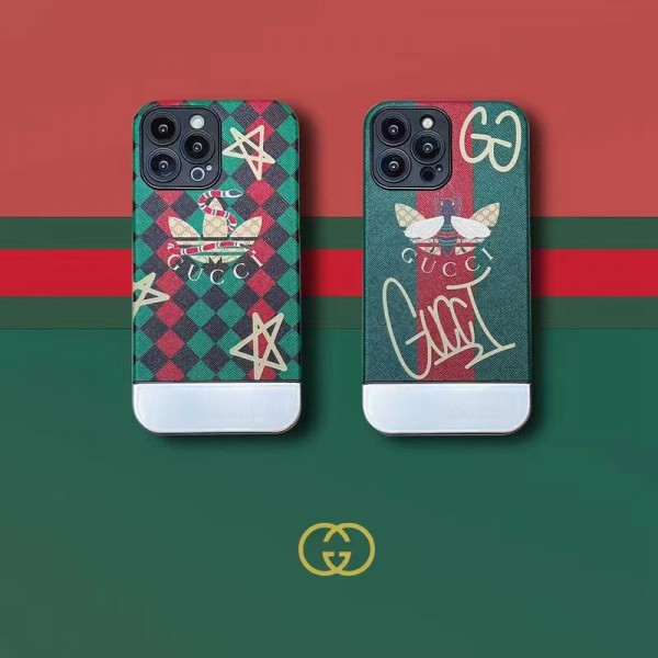 Adidas/Gucci コラボ ブランド iphone 14/14 pro/14 pro maxケース 蜂蛇 モノグラム メッキ風 アディダス/グッチ 五芒星 トレフォイル柄 ジャケット型 アイフォン14/13/12/11カバー ファッション メンズ レディーズ