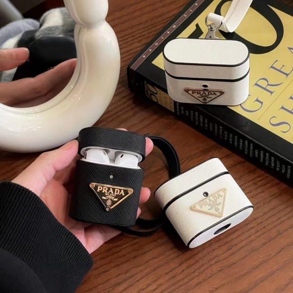 Prada ブランド プラダ airpods pro 2/3/pro/2/1ケース おしゃれ ストラップ付き モノグラム レザー 黒白色 エアーポッズ1/2/3ケース 大人気 メンズ レディース