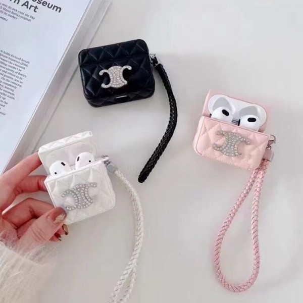 Celine/セリーヌ ブランド Airpods pro2/3/pro/2/1ケース 個性 きらきら ストラップ付き レザー 保護 エアーポッズ 3/プロ2/2/1ケース  便利 カラビナ付き 第3/2/1世代 ハイブランド 落下防止 紛失防止 メンズ レディース