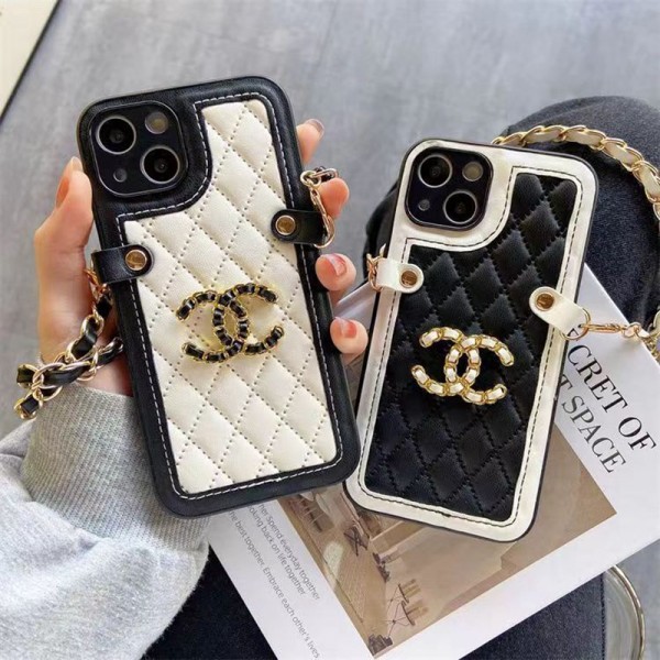 CHANEL/シャネル ブランド iphone 14/14 pro/14 pro max/14 plusケース 個性 レザー モノグラム チェーン付き 斜め掛け 安い アイフォン14/13/12/11/X/XS/XR/8/7カバー ファッション メンズ レディース