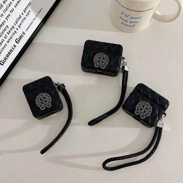 Chrome Hearts ハイブランド airpods pro 2/3/pro/2/1ケース クロムハーツ レザー風 ストラップ付き 紛失防止 黒色 エアーポッズ プロ2/3/2/1カバー 保護性 芸能人愛用 大人気 メンズ レディース