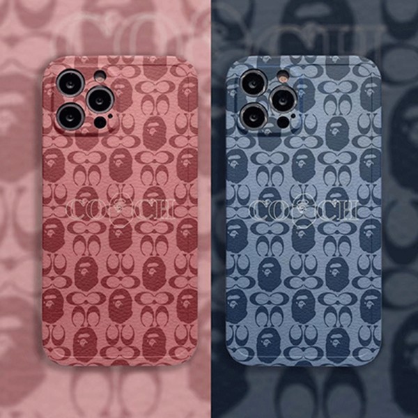 Bape x Coach ブランド コラボ iphone13/13 pro/13mini/13 pro maxケース ジャケット型 コーチ AAPE 猿頭 アイフォン13/13プロ/13ミニ携帯カバー シンプル風 耐衝撃カバー メンズ レディース