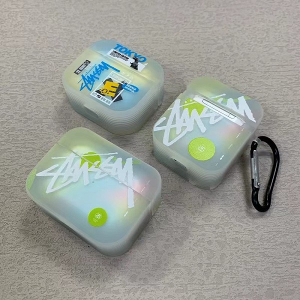 Stussy/ステューシー ブランド AirPods Pro2/3/Pro/2/1ケース 個性 クリアケース カラー風  紛失防止 カラビナ付き エアーポッズ プロ2/1/2/3/カバー 第1/2/3世代 収納便利 保護性 潮流 軽量 ファッション メンズ レディース