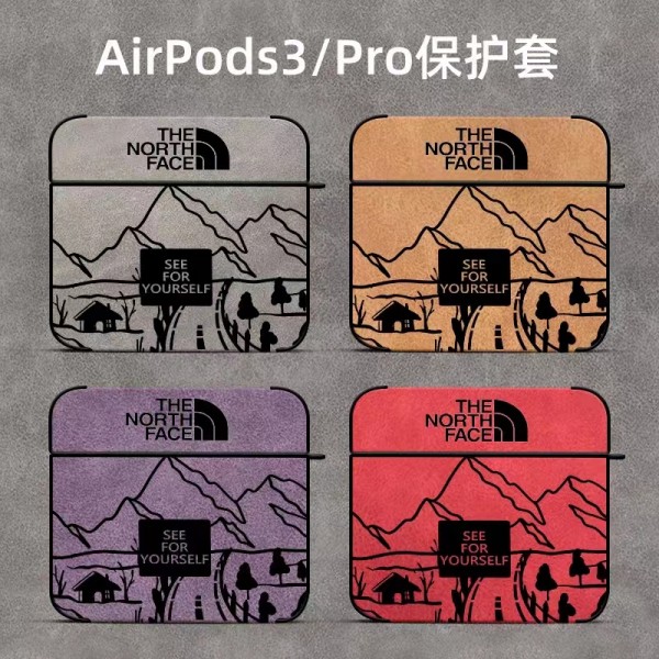 The North Face ザ.ノース.フェイス ブランド Airpods pro2/3/pro/2/1ケース かわいい 山柄 高速道路 スウェード風 レザー 手触りよい 紛失防止 第1/2/3世代 保護性 潮流 エアーポッズ3/プロ2/1ケース ファッション メンズ レディース