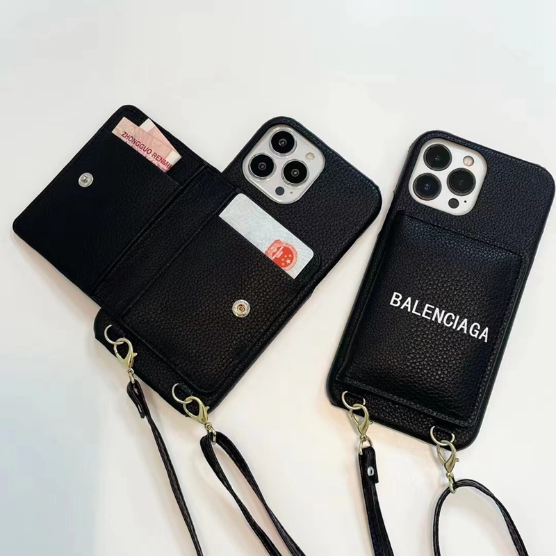 balenciagaバレンシアガiphone14pro max plusケース ストラップ革カード アイフォン14カバー ハイブランド