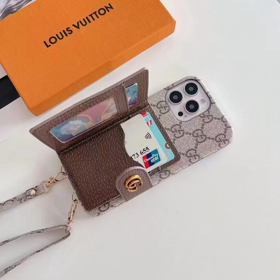 LV/Gucci ブランド iphone 14/14 pro/14 pro max/14 plusケース オシャレ グッチ/ルイヴィトン モノグラム カード チェーン付き 斜めがけ 財布