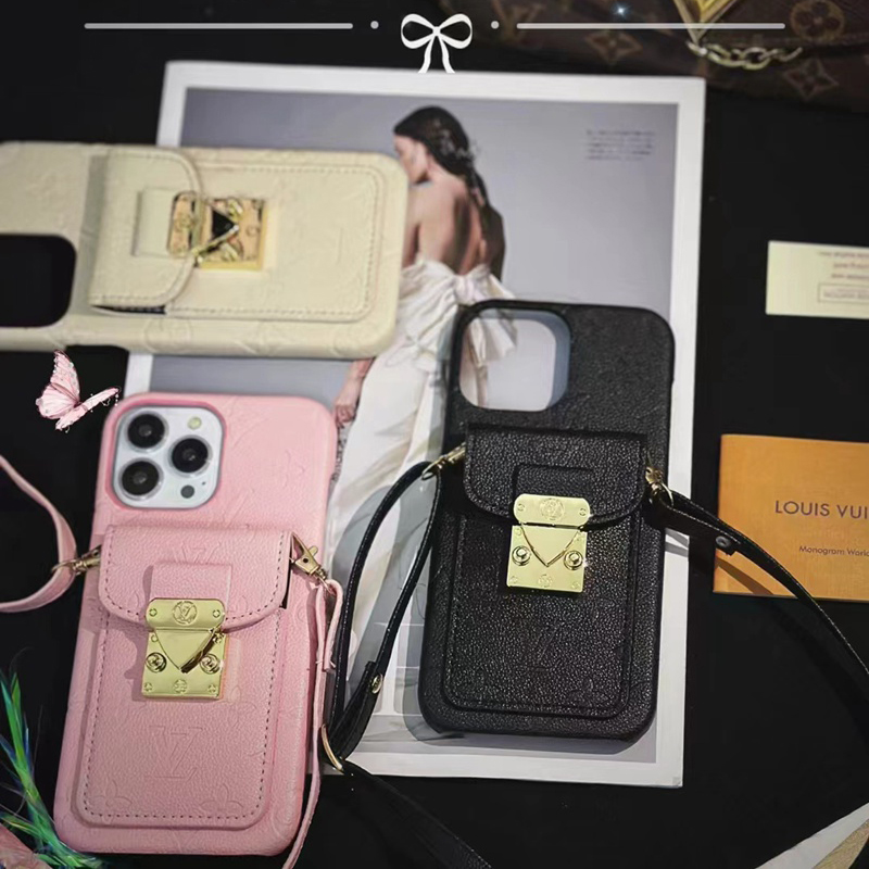LV iPhone14Pro Max Plusケース お洒落ヴィトン 革カード ストラップ バッグ黒白ハイブラント アイフォン14 激安 ファッション男女