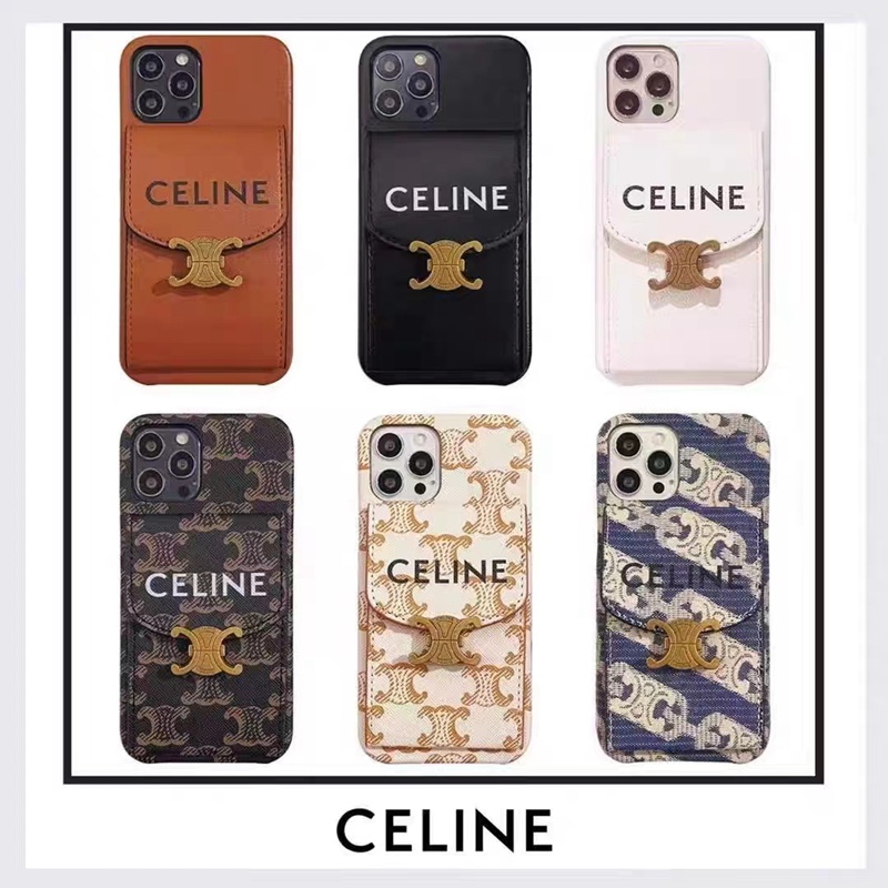 Celine ブランド iphone14/14Pro/14Pro maxケース セリーヌ カード入り レザー 背面バッグ モノグラム