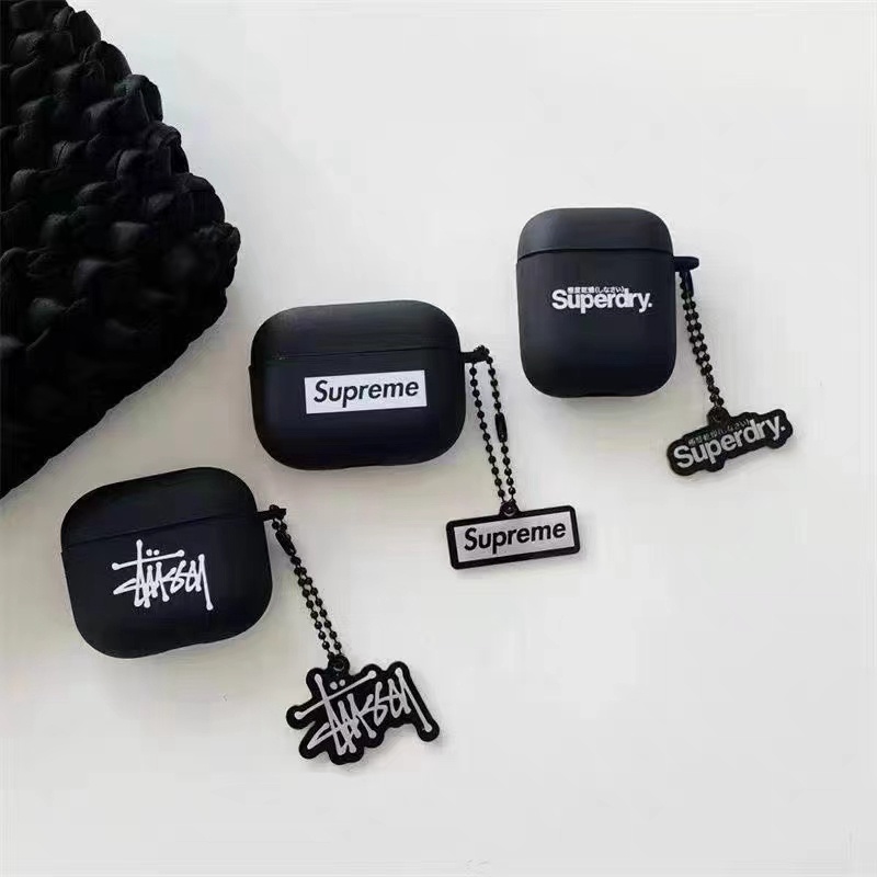 Supreme Stussy スーパードライ ハイブランド Airpods pro2/3ケース 経典 タック風 チェーン付き モノグラム 黒色 保護性 収納