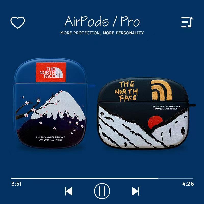 The North Face ザ.ノース.フェイス ブランド Airpods pro2/3/pro/2/1ケース モノグラム 雪山柄 カラビナ付き 桜花 TPU 個性